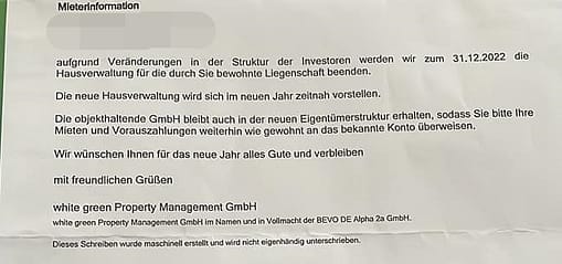 Am 28.12.2022 erhielten in den Städten Moers und Halle die Mieterinnen ein Anschreiben von der white green Property Management GmbH